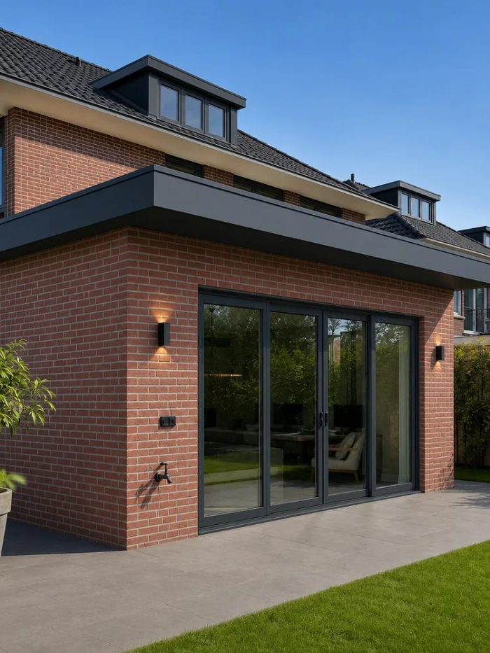 Afgewerkte prefab aanbouw met antracietgrijze schuifpui en bakstenen gevel