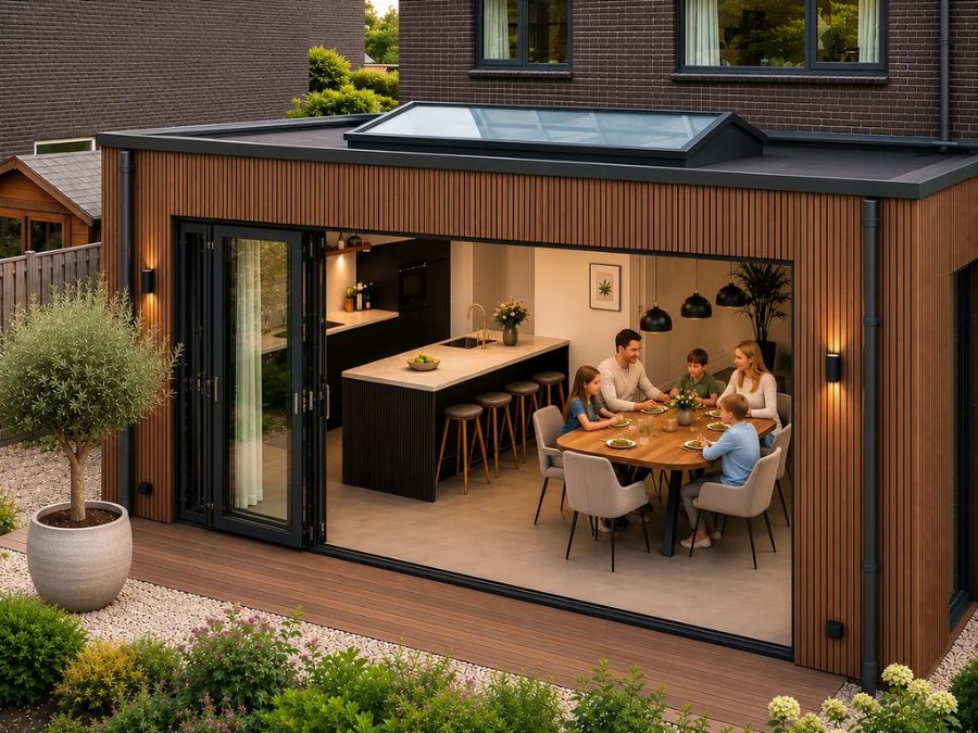 Prefab aanbouw met houten gevelbekleding, glazen pui en lichtkoepel op de tuin
